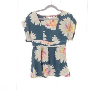 Odille Anthropologie Blouse Womens SZ 0 Silk Floral‎ Short Sleeve Cottagecore